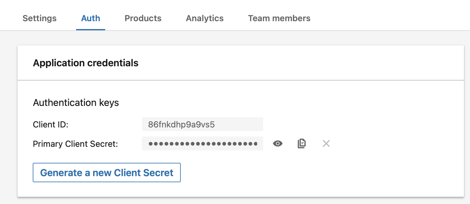 LinkedIn application credentials panel