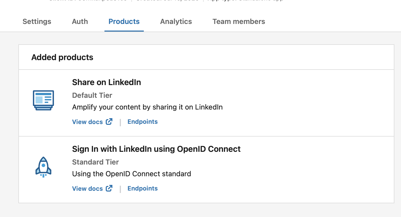 LinkedIn app Products tab showing Share on LinkedIn and Sign In with LinkedIn using OpenID Connect added