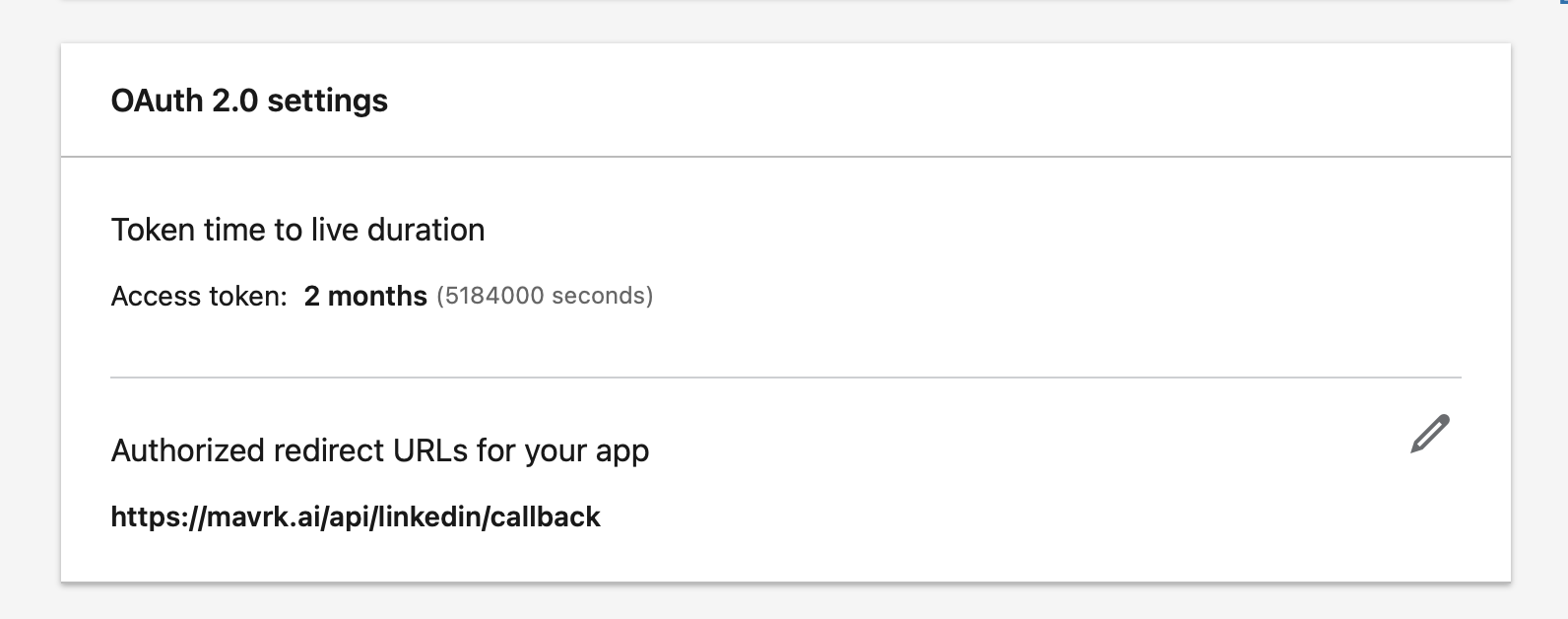 OAuth settings with the Mavrk callback URL configured